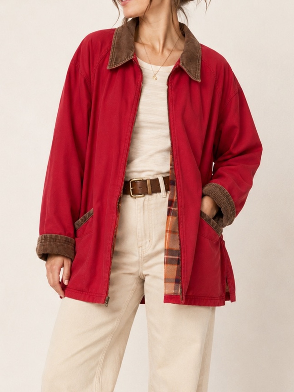 Talbots Red Barn Jacket Brown Corduroy Trim Plaid Lined Zip Front Size L